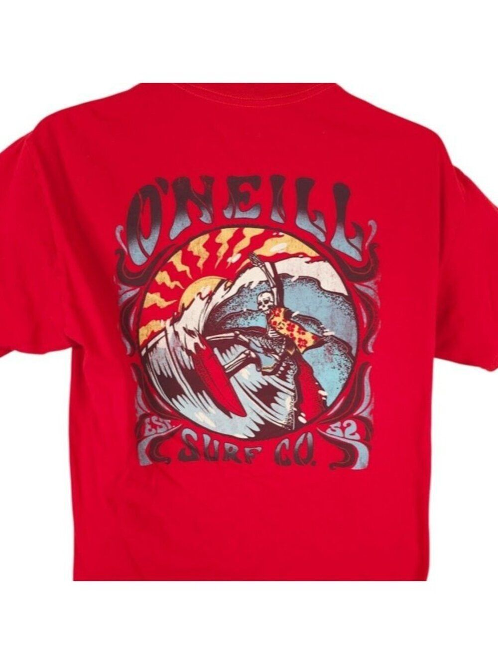 ONeill Surf T Shirt Mens Size Large Red Skeleton Surfing Surfboard
